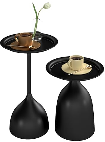 Ginhow Couchtisch Rund 2er Set, Kleiner Tisch Wohnzimmer – Modernes Design | Couchtisch Schwarz Metall mit Tischkante (Ф40 x 60H cm & Ф40 x 42H cm)