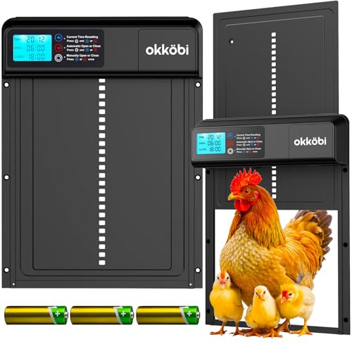Okköbi Automatische Hühnerklappe – Coop Door Lite – Batteriebetrieben (inkl. 3X AA) – Timer & Manueller Modus – Großes LCD-Display – Anti-Klemmschutz – Öffnung 28x24cm
