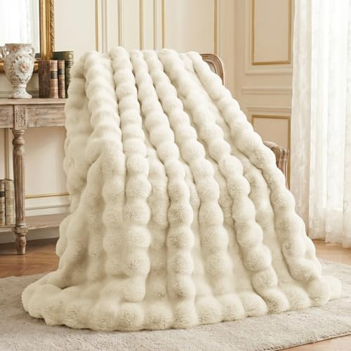 L'AGRATY Faux Rabbit Fur Blanket: 100x150cm Luxury Soft Fluffy Thick Fur Throw Blanket for Couch Bed Sofa - Cozy Plush Bubble Blankets with Warm Flannel Fleece(Throw,Almond White)