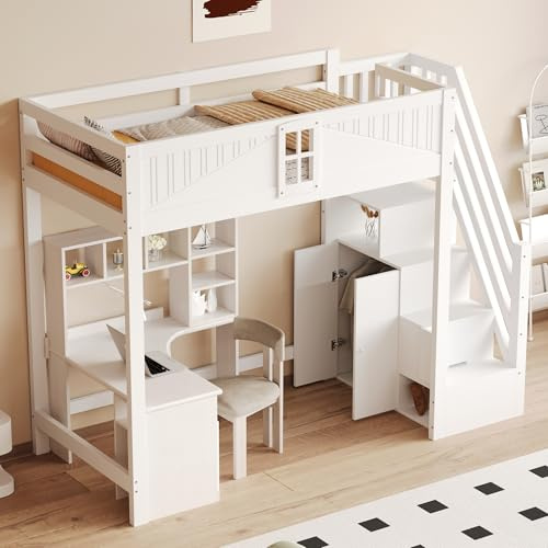 HAINEW Cama alta de madera, 90 x 200 cm, con armario y escritorio, cama individual para niños, cama funcional con escalera y almacenamiento abierto para niños o niñas, color blanco
