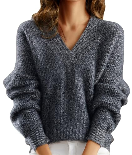 Generisch Jersey de punto grueso para mujer, elegante, cuello de pico, manga larga, monocolor, jersey suelto, sudadera de invierno, punto fino, O gris., XL