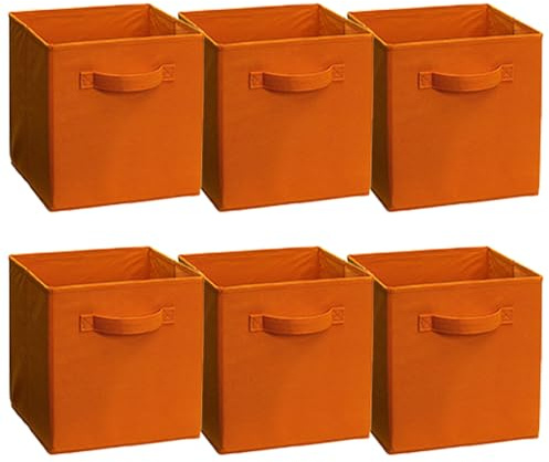 ZOONFA Set of 6 Foldable Cube Storage Boxes Collapsible Linen Fabric Clothing Shelf Basket Bins Toy Box Home Office Organizer (Orange)