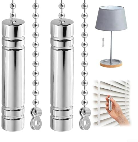 Juego de 2 cadenas para lámpara, 100 cm, cromadas, cadena de bolas con mango para ventilador de techo, persiana, interruptor, baño, habitación húmeda, metal resistente