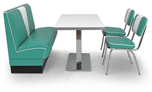 möbelland24 American Diner Sitzgruppe: Sitzbank V 120cm + Diner Tisch + 2X Retro Stuhl türkis