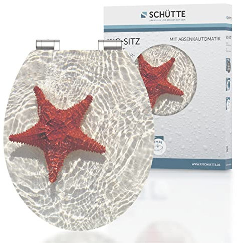 SCHÜTTE WC-Sitz STARFISH mit Absenkautomatik aus Holz, Design Toilettendeckel mit 175kg Belastbarkeit, Toilettensitz mit Brille, Klodeckel für WC, MDF Holzkern Klobrille mit Motiv
