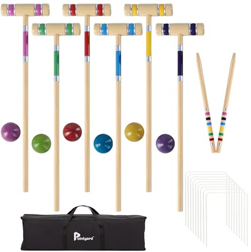Pointyard Krocket-Set, 6 Spieler, 71 cm, mit Holzschlägeln, farbigem Ball, Wickets, Pfählen für Erwachsene, Teenager, Familie, perfekt für Rasen, Hinterhofspiel, Park (inklusive Tragetasche)