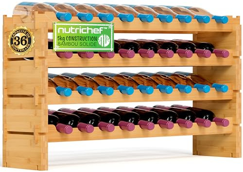 NutriChef Regal Schmal Weinregal aus Bambus Holz – 36 Flaschen, 4 Etagen – Stapelbares Flaschenregal für Keller oder Küche – Einfache Montage – 85 x 25 x 85 cm