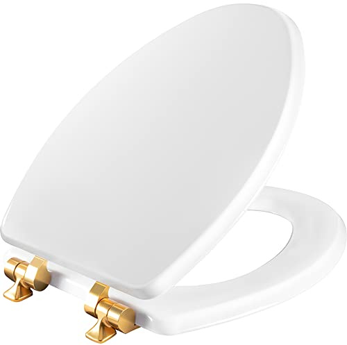 Mayfair 1826BGSL 000 Benton Toilet Seat with Brushed Gold Hinges Will Slow Close and Never Come Loose, Elongated, Durable Enameled Wood, White