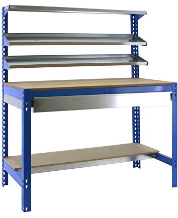 PROREGAL Werkbank Buffalo mit Frontablage und Schubfach | HxBxT 84x120x61cm | Traglast 600kg | Blau Werktisch Arbeitstisch Arbeitsbank Werkstattbank