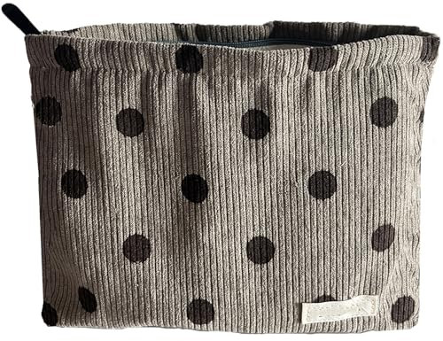 LQSCJS Kosmetiktasche Cord, Reise Kulturtasche mit Reißverschluss, Kordsamt Kosmetiktasche Multifunktionaler Kosmetiktasche Waschtasche, Tragbare Make up Tasche, Polka Dot Grau