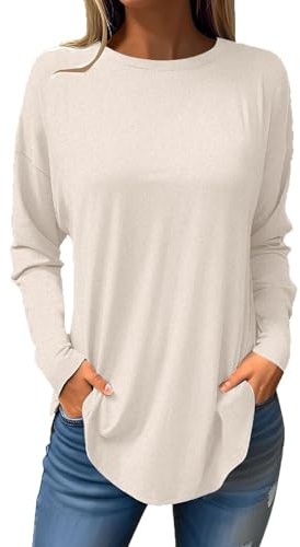 Grundläggande långärmad tröja dam – lång tröja dam – enfärgade t-shirts rund hals långärmad tröja bomull långärmad toppar ledig långärmad tröja tunika topp t-shirt blus sweatshirt S-3XL