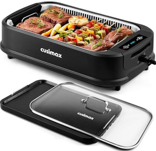 CUSIMAX Elektrogrill Tischgrill, 1500W Elektrogrill mit Deckel, Antihaftbeschichtung Grillplatte & Griddleplatte für Steak und Panini, Smokeless Grill mit Einstellbarer Thermostat, Spülmaschinenfest