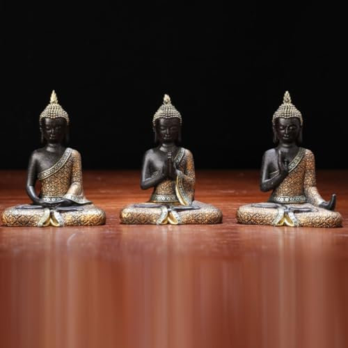 KARLOR Buddha figures set, 3 Pcs Thai Buddha statues decoration small Buddha sculptures synthetic resin black gold meditation room house garden indoor outdoor decoration sculpture table car decorat