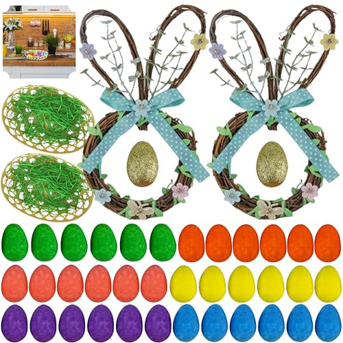 44Pcs Happy Easter Decoration Set, Hand Knitted Bunny Head Front Door Wreaths Small, Glitter Foam Eggs Shredded Paper Grass Filled Easter Basket, Table Decor Party Supplies