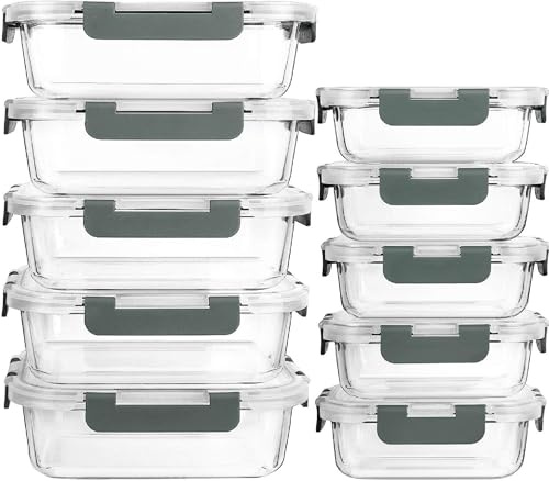 Visario Glas Frischhaltedosen Set 10 Stück (20 Teile) – 5x 1040ml & 5x 370ml, Luftdichte Bento Boxen, BPA-frei, mikrowellen- & spülmaschinengeeignet, Meal Prep Aufbewahrungsboxen