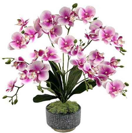Daily Treasures 33-Heads Artificial Orchid Flower in Pot,56cm Faux Butterfly Orchid with Ceramic Vase, Potted Pink Flowers,Silk Flowers Phalaenopsis Indoor Decor for Home Table (Ceramic Pot/Purple)