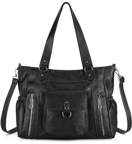 BAIGIO Handtasche Damen Groß Shopper Tasche Schultertasche PU Leder Tote Bag Vintage Große Umhängetasche Frauen mit Mehr Fächern & Verstellbarem Schultergurt für Uni Arbeit Laptop, Schwarz