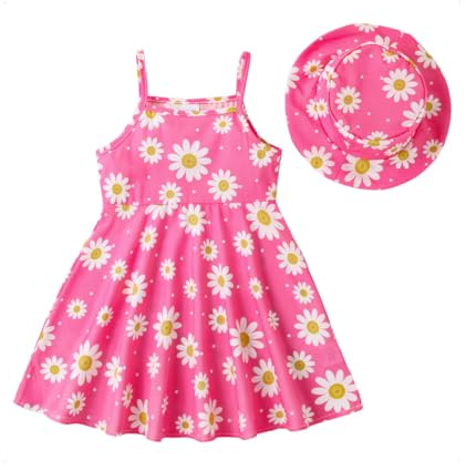 HEOXIN Vestito Neonato, Abbigliamento Neonato con Stampa Fiori di Margherite, Bretella Collo Tondo Cappello Abbinato Neonati Bambini, Set Vestiti Estivi Abiti Balze Bambine, Rosa, 12-18 Mesi