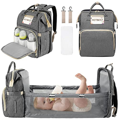 PEIZHIYC Sac à langer avec fonction lit - 30 x 22 x 40 cm - Sac à dos pour bébé - Avec poches multifonctions - Imperméable - Pliable, gris foncé, L