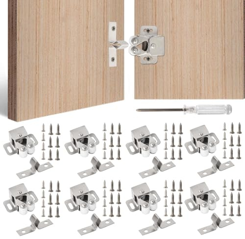 Set di 8 Chiusure a Doppio Rullo- Chiusure per Mobili incluse Viti e Cacciavite, Serratura a Scatto in Acciaio Robusto, Chiavistelli a Rullo Perfette per Ante di Armadi, Cucina, Bagno e Ufficio