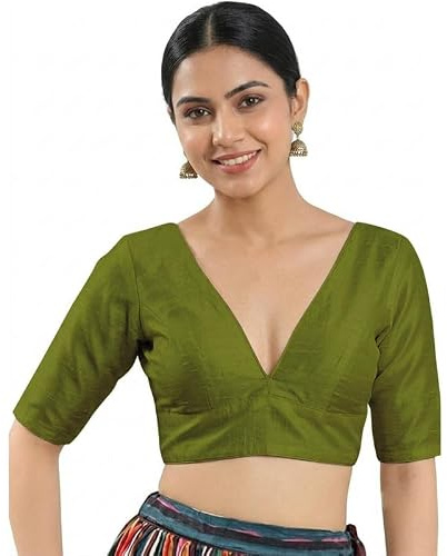 Fashnkart Women's Dupion Silk Saree Blouse Deep V-Neck Half Sleeve Readymade Choli Back Tie-Up Dori Closure Ethnic