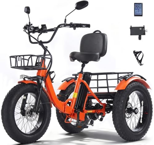 KAKIGO Electric Trikes for Adults UK,48V15.6Ah Electric Tricycle for Adults UK,20x4Fat Tire Aluminum Folding E Trike,90KM Range,25KM/h,Front&Rear Basket&Differential