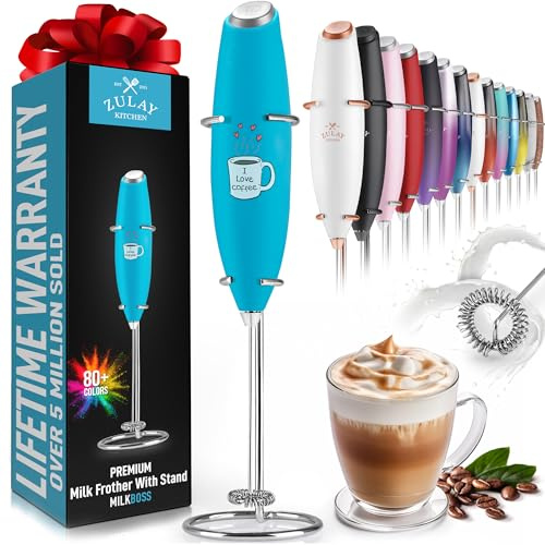 Zulay Original Milk Frother Handheld Foam Maker for Lattes - Whisk Drink Mixer for Coffee, Mini Foamer for Cappuccino, Frappe, Matcha, Hot Chocolate by Milk Boss (I LOVE COFFEE)