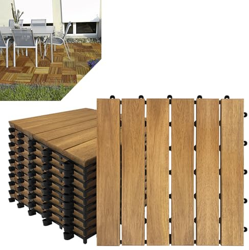 Froadp 30x30cm Baldosa de Madera de Acacia, Suelo de Exterior, Baldosas de Jardín con Clip, Cubiertas de Rejilla con Sistema de Enchufe para el Balcón de la Terraza del Jardín(11 pcs, Type A)