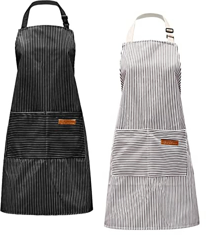 2-pack unisex justerbara randiga förkläden med 2 fickor bomull linne förkläde professionell matlagning kockförkläden för kvinnor män bakning målning i kök restaurang trädgård kafé (svart + grå),