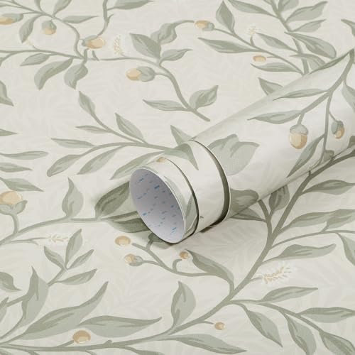 Timeet Peel and Stick Wallpaper Beige Green Leaf 41CM×3M Waterproof Self Adhesive Wallpaper Leaves Fruit Contact Paper Thicken Sticky Back Plastic Removable Vinyl Wrap for Furniture Cabinet Wall