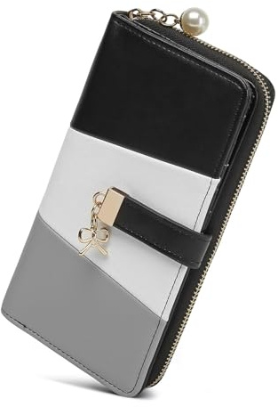 Miss Lulu Portefeuille pour Femme, Porte-Monnaie Long Tricolore avec Fentes pour Cartes Multiples et Compartiments spacieux en Cuir PU, Cadeau pour Petite Amie ou Fille, Noir