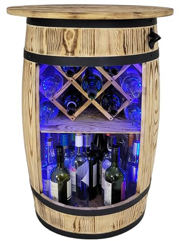 weeco Fass Bar mit Deckel und LED RGB Leuchten und Weinhalter - Flaschenständer deko - Hausbar Tabelle Gin Whisky Bier - Barschrank - Holzfass Tisch - Weinfass Stehtisch 80x50cm
