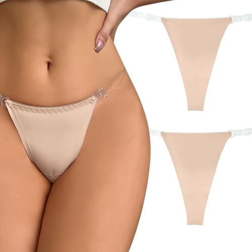 FEOYA Nude Thongs for Women Clear Straps Thong T-Back invisible underwear G String Thongs Briefs 3 Pack M