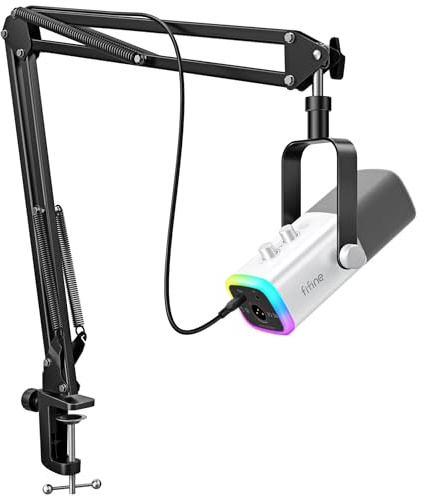 FIFINE AM8TW White Podcast Microphone Kit | USB/XLR Gaming Mic with Boom Arm, Headphone Jack. Compatible with PC, Computer, XLR Mixer. for Vocal, Streaming, Recording.