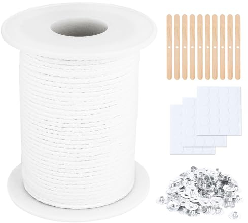 Stoppini per Candele, 61m Stoppini di Naturali Candela 100 Pezzi Basi per Stoppini 10 Pezzi Porta Stoppini 60 Adesivi per Stoppini, Set di Stoppino Candela, per Candela Fabricazione