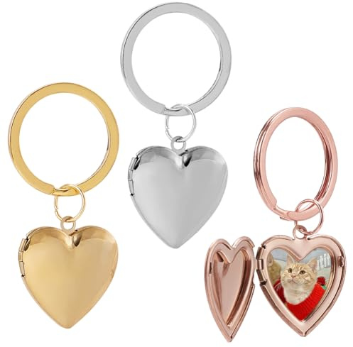 PLIGREAT 3 porte Clés Médaillon en Forme de Cœur Porte Clés Médaillon Photo en Argent pour Femme Médaillon Cœur en Or Rose Cadeau de Fête des Mères
