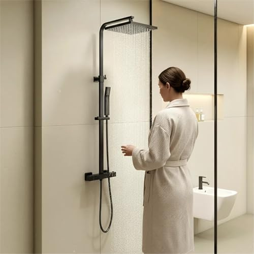 KOMIRO Duschsystem mit Thermostat, Regendusche mit armatur, Duscharmatur Schwarz, Duschgarnitur Kopfbrause, Verstellbarer Duschstange, Duschsäule Eckig