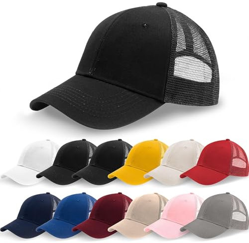 ASMIZ 12 Stück Blanko Trucker Basecaps im Set, Baumwolle Mesh Baseball Cap, Mütze Lässig Baseballkappe für Outdoor, Sport, Laufen, Golf, Workout