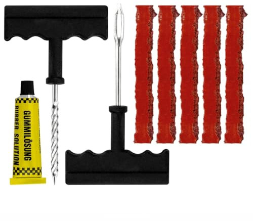 PARENCE.- Kit de Réparation de Pneu Tubeless - 5 Mèches 100 mm + Colle 10 ml + Fraise & Poinçon avec Poignée en T - Kit Crevaison Moto, Voiture, Quad, Vélo