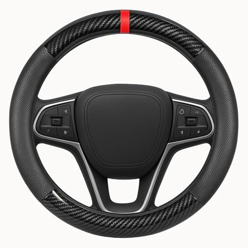Velara Steering Wheel Cover – Black PU Leather & Carbon Fibre Look – Red Stripe – Anti-Slip, Breathable, Easy Install – Universal Fit 14-15 Inch