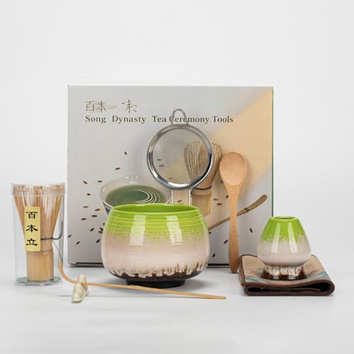 GUOMIS Matcha-set, matcha-skål, matcha-pensel, matcha-sked, matchande kvasthållare, matchande sil fin, 7 stycken matchande set grön, perfekt som en festlig gåva, för hem och kontor. (02)