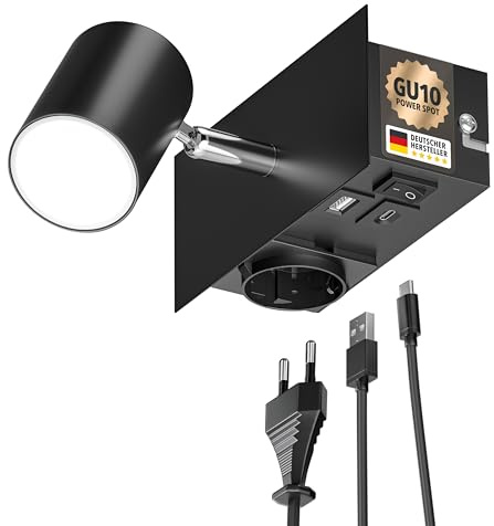 ledscom.de Väggspot WAIKA, 1-flammig, svart, eluttag, USB-C, USB-A, inkl. LED GU10-lampa, 3-stegsdimmer, 609lm, vit
