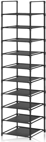 Zencantorous Scarpiera, 10 Ripiani, Scaffale Portascarpe in Metallo, Scarpiera Verticale, Scarpiera Salvaspazio con Ganci, Scaffale Salvaspazio, per Ingresso, Soggiorno, Camera da Letto, Nera