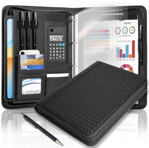 Leathario Portfolio A4 Porte-documents, Organiseur de Conférence, Carnet d'écriture - Dossier de présentation professionnel Tressé noir