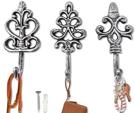 Comfify Shabby Chic Cast Iron Decorative Wall Hooks - Rustic - Silver - Antique - French Country Charm - Large Decorative Hanging Hooks - Set of 3 - Screws and Anchors for Mounting Included- 7x3.15