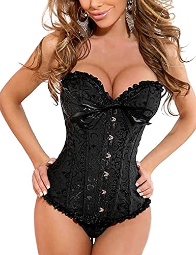 EVAbaby Sexy Floral Boned Corset Top Overbust Body Shaper Steel Hook Bustier for Women Black XX Large