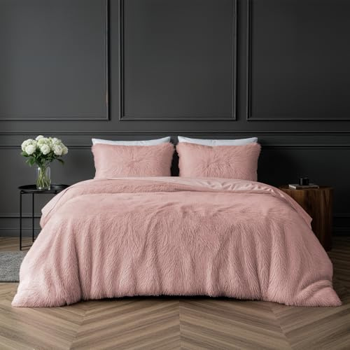 Sleepdown Set di biancheria da letto lussuoso in pile a pelo lungo, in finta pelliccia, super morbido, facile da pulire, trapuntato, con federe, king size (220 x 230 cm)
