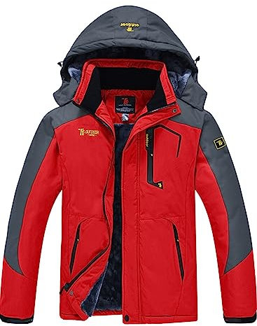 YSENTO Herren Skijacke Winterjacke Softshelljack Wasserdicht Warm Gefüttert Outdoor Funktionsjacke mit Abnehmbarer Kapuze(Rot,L)