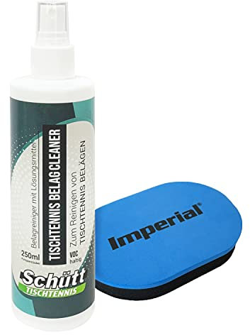 Schütt Tischtennis Belag Reiniger 250ml | Flasche mit Pumpzerstäuber | Lösungsmittelhaltig | TT Cleaner | Mit Reinigungsschwamm