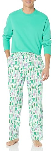 Amazon Essentials Pigiama da uomo in flanella con pantaloni e maglietta a maniche lunghe, ecru Festive Tree, XS